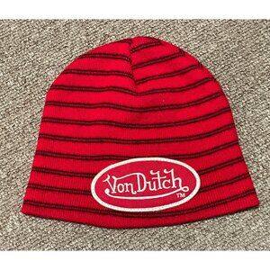 Vintage 90s Von Dutch Striped Embroidered Logo Beanie Knit Cap OSFA Red